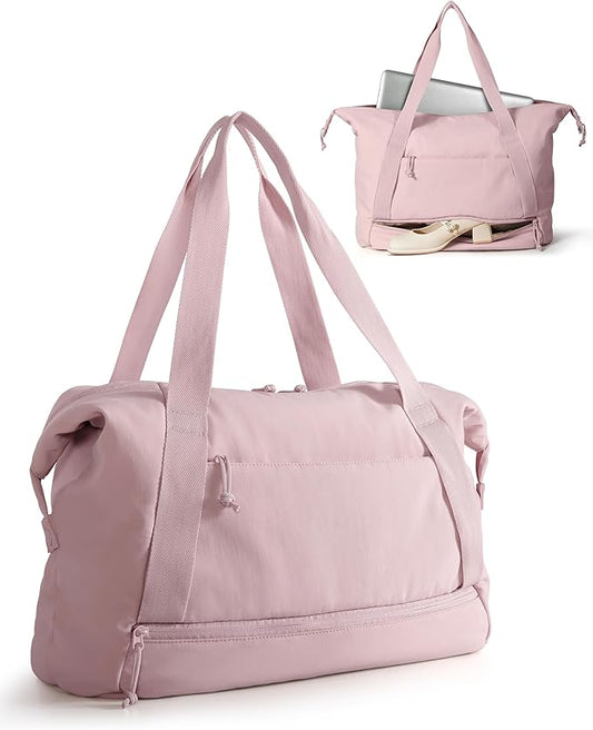 Travel Duffle Bag with Shoe Compartment and Laptop Sleeve for Women, Lightweight Weekender Duffel Bag for Travel, Gym, Hospital Labor Delivery, Pink
