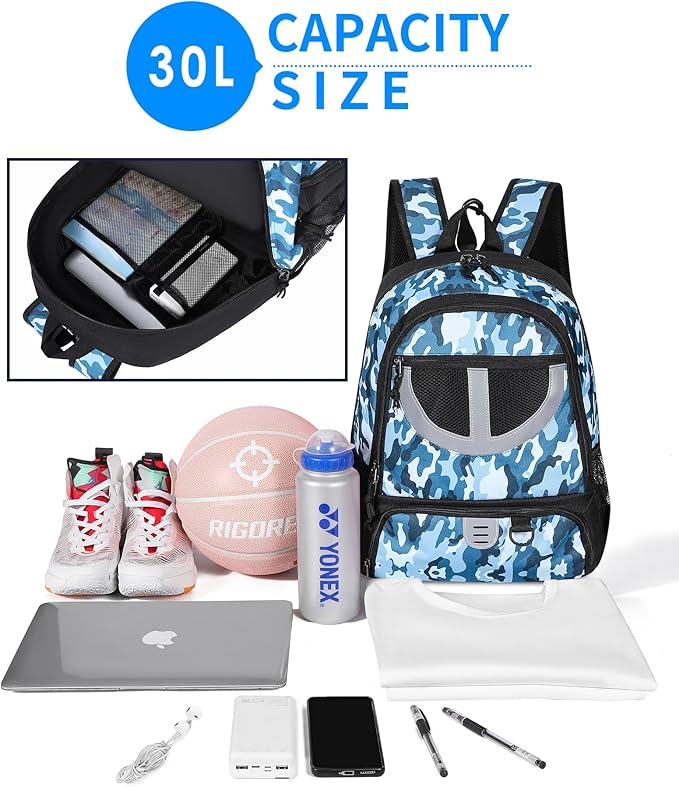 Basketball Bag Backpack for Men Women with Ball & Shoes Compartment 30L Capacity Lightweight Breathable Boys Girls Soccer Ball Bag Backpack Fit Volleyball Football Sports Travel School Gym