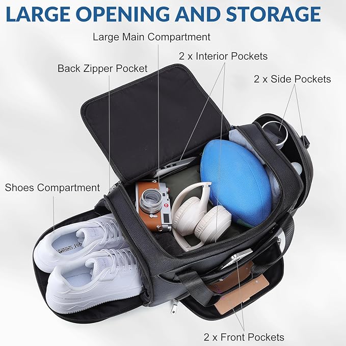 TIDING Leather Travel Duffle Bag for Men Women, 21" Waterproof Gym Sports Duffel Bag Weekender Overnight Luggage Bag with Shoe Pouch_40L