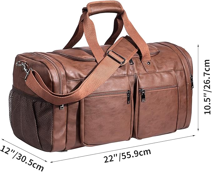 Leather Travel Bag with Shoe Pouch,Weekender Overnight Bag Waterproof Leather Large Carry On Bag Travel Tote Duffel Bag for Men or Women-Brown