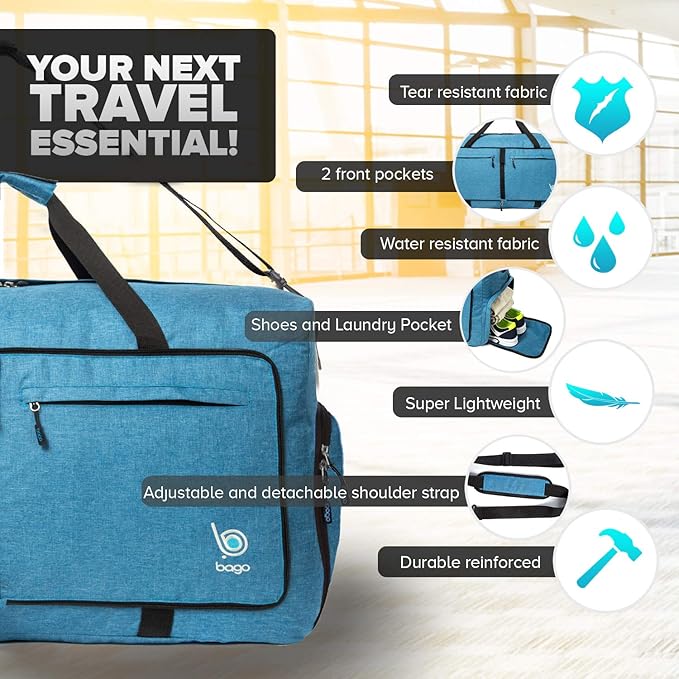 Bago Large Foldable Duffel Bags for Traveling Women & Men - 100L Packable Duffle Bag for Travel with Shoe Compartment - Water Repellant, Heavy Duty, Lightweight Folding & Collapsible (SnowBlue)
