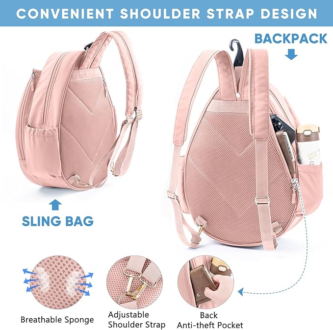 Tennis Backpack with 2 Rackets Holder, Water-Resistant PU Leather Tennis Racket Bag for Women & Men, Sling Crossbody Sports Backpack for Tennis, Pickleball & Badminton, Tennis Gifts