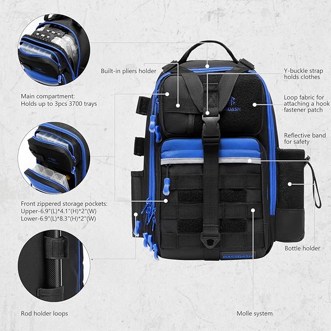 BASSDASH Convertible Fishing Backpack Sling Bag with Rod Holder, Adjustable Tactical Water-Resistant Tackle Storage Pack FP07
