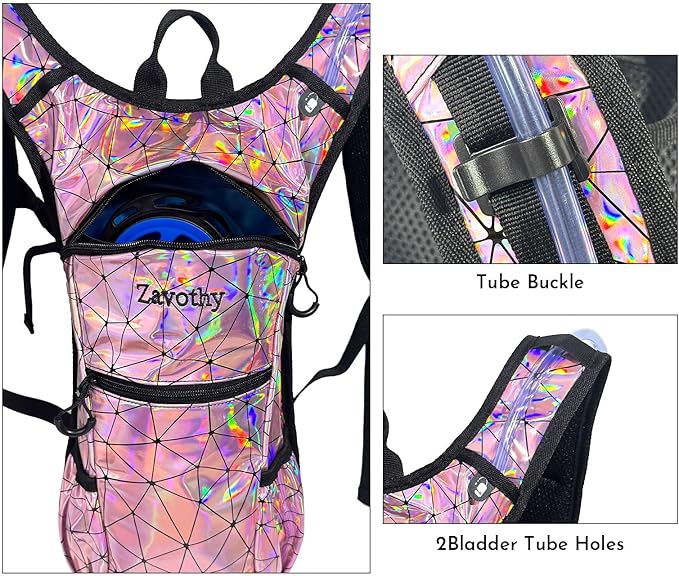 Zavothy Rave Hydration Backpack with 3L Bladder, Colorful Festival Hydration Pack with Side Pockets, Lightweight Water Backpack for EDM, Music Festivals, Hiking & Cycling