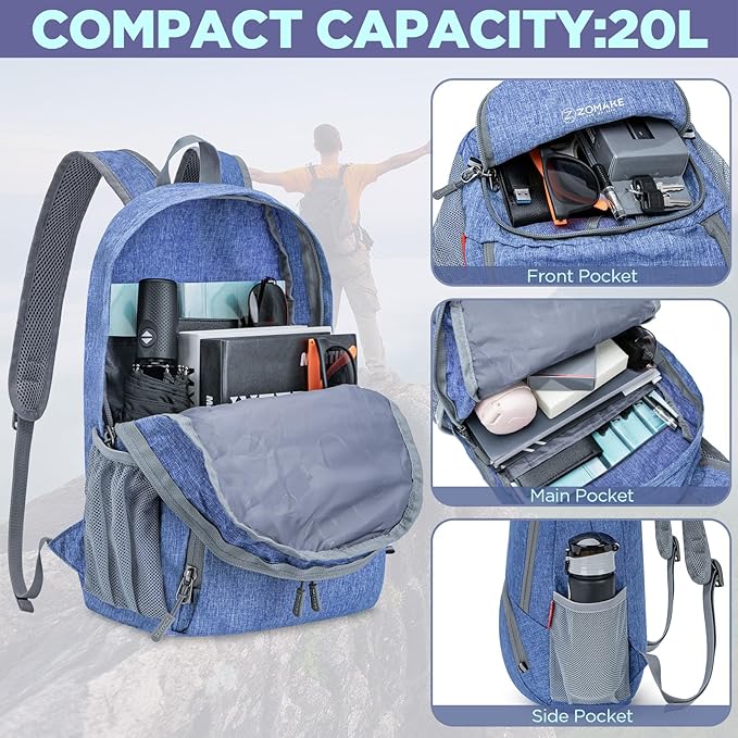 ZOMAKE Ultra Lightweight Packable Backpack 20L,Small Foldable Backpacks Hiking Water Resistant Collapsible Daypack for Women Men(Dark Blue-B2)