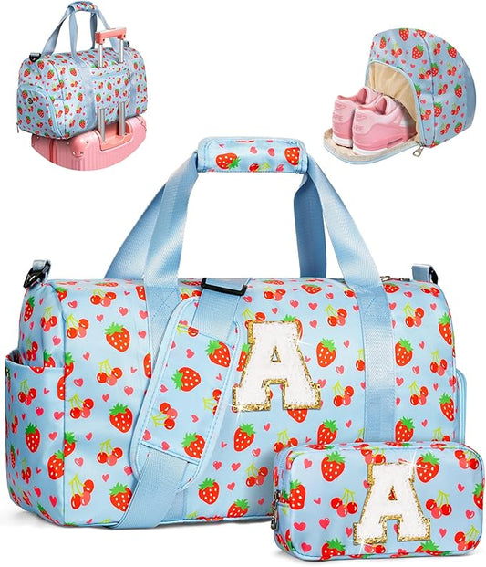 Birthday Gifts for 4 5 6 7 8 9 10 11 12 13 Year Old Girls, Initial Duffle Bag for Kids, Cute Dance Bag for Girls, Overnight Sleepover Gym Bag with Shoe Compartment & Wet Separation