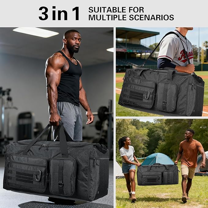 120L Extra Large Gym Duffle Bag for Men Women 32" Heavy Duty Duffel Bags for Travel with Shoes Compartment Tactical Sports Gym Equipment Bag for Football Baseball & Training, Upgraded Black