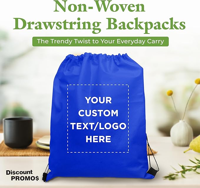 DISCOUNT PROMOS Custom Non-Woven Drawstring Backpacks Set of 10/50/100, Personalized Bulk Pack