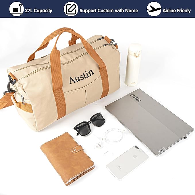 Duffle Bag for Men Personalized Overnight Bags Travel Bag with Durable Canvas Weekender Overnight Bag with Shoe Compartment Custom Groomsmen Gift for Travel Gym Storage Camping Moving (Khaki)