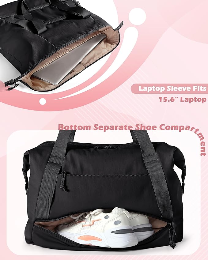 Travel Duffle Bag with Shoe Compartment and Laptop Sleeve for Women, Lightweight Weekender Duffel Bag for Travel, Gym, Hospital Labor Delivery, Black