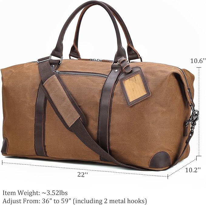 Polare 22” Waxed Canvas Cowhide Leather Travel Duffel Bag Waterproof Overnight Carry on Luggage Duffle 40L Sports Gym Weekender Bag