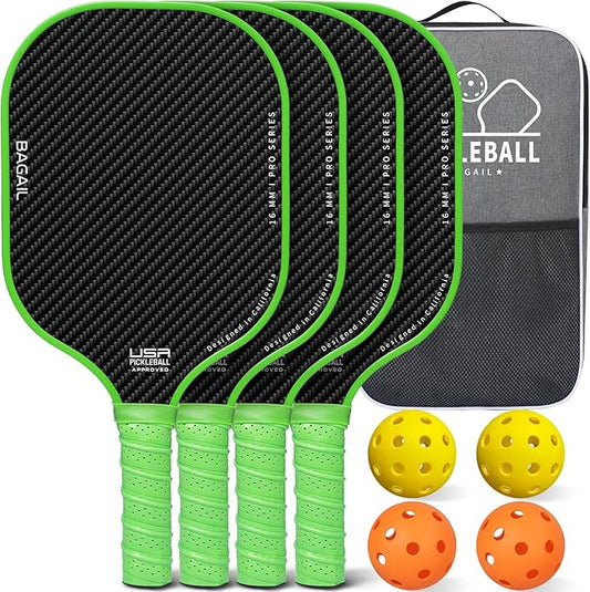 BAGAIL Pickleball Paddles, USAPA Approved Fiberglass Surface Pickleball Set, Lightweight Pickle Ball Rackets with 4 Balls, 1 Bag, Designed in California for Traction and Stability
