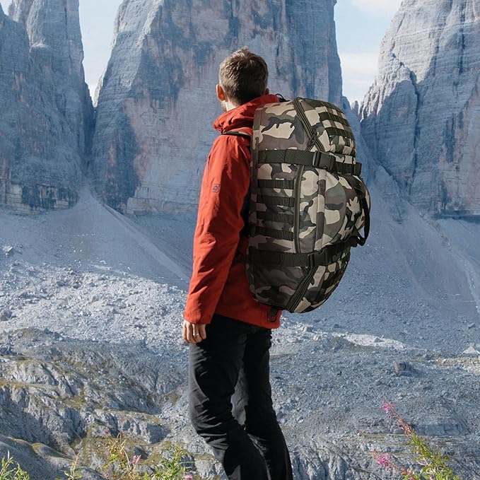 65L Large Travel Duffle Bag Military Tactical Backpack, Army Assault Pack 3 Day Bug Out Rucksack for Outdoor Sports Hiking Camping with Molle System, Woodland