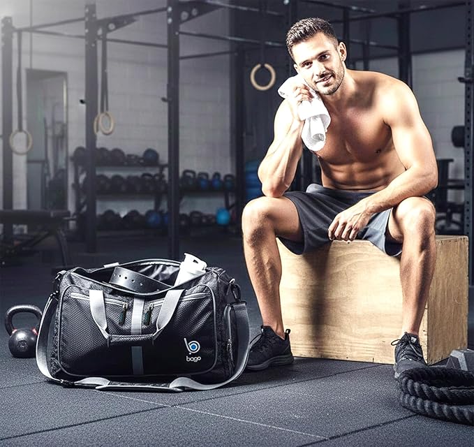 Bago Foldable Duffel Bags for Traveling Women & Men - 40L Sports Packable Duffle Bag for Travel with Shoe Compartment - Water Repellant, Heavy Duty, Lightweight Folding & Collapsible (Black)