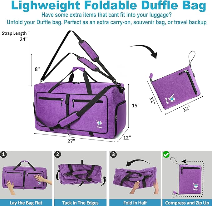 Bago Large Foldable Duffel Bags for Traveling Women & Men - 80L Packable Duffle Bag for Travel with Shoe Compartment - Water Repellant, Heavy Duty, Lightweight Folding & Collapsible (SnowDepPurple)