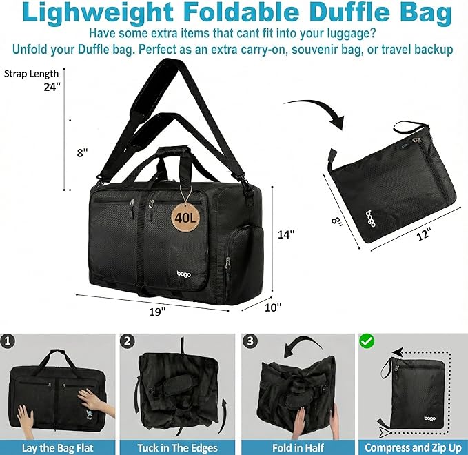 Bago Foldable Duffel Bags for Traveling Women & Men - 40L Sports Packable Duffle Bag for Travel with Shoe Compartment - Water Repellant, Heavy Duty, Lightweight Folding & Collapsible (All Black)