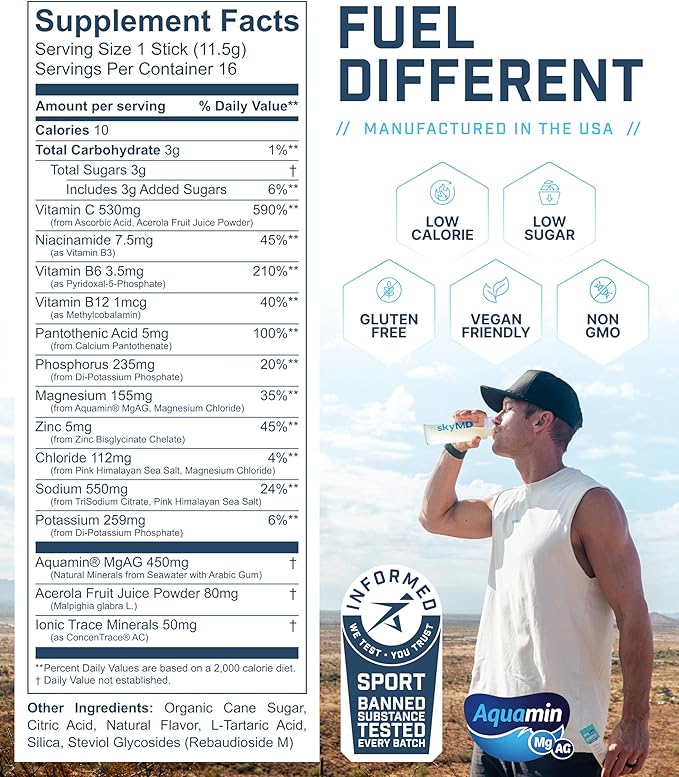 SkyMD Hydration packets with electrolytes powder- Add to water or any liquid- Hydration Multiplier Variety Pack: Lemon Lime, Passion Fruit, Strawberry, Watermelon- Great source of Vitamin C- 16 Sticks