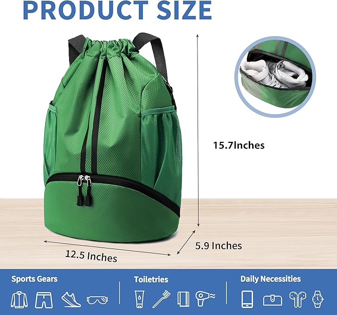 Drawstring Backpack Gym Bag with Shoes Compartment for Soccer, Basketball, Swim, Water-Resistant String Backpack Beach Cinch for Women Men, Dark Green, Medium