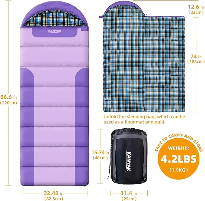 Cotton Flannel Lined Sleeping Bag for Adults Teens Kids, Cold Weather &Warm, 3 Seasons, Lightweight Compact Camping Essentials Equipment, Hiking, Outdoor, Travel