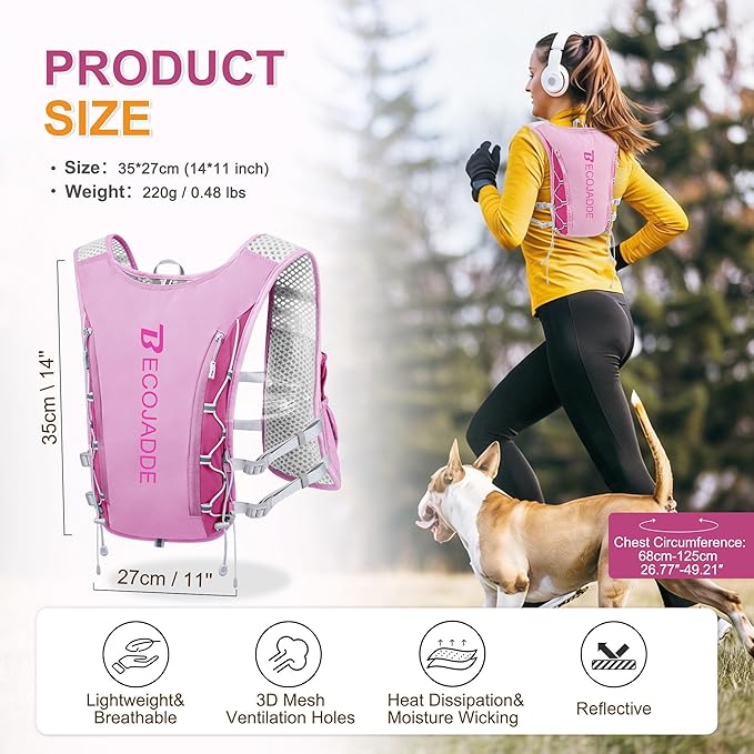BECOJADDE Running Vest Hydration Backpack for Men Women, 5L Lightweight Running Backpack Hydration Pack for Marathon, Trail, Cycling, Hiking, Jogging