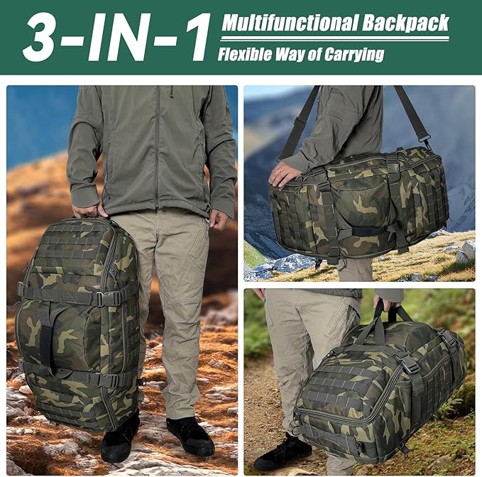 65L Large Duffle Bag, 3-in-1 Tactical Backpack MOLLE Pack for Sports, Gym, Outdoor, Woodland