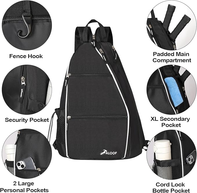Aloof Pickleball Bag, Adjustable Pickleball, Racketball Sling Bag, Backpack with Water Bottle Holder