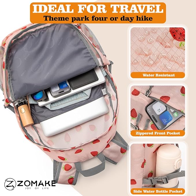 ZOMAKE Lightweight Packable Backpack 30L, Foldable Hiking Backpacks Water Resistant Compact Folding Daypack for Travel(Strawberry print)