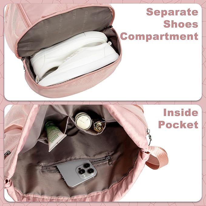 HOLYLUCK Drawstring Backpack with Shoe Compartment, Gym Bag Backpack for Women Men, Cinch Swim Beach Bag String Sports Bag for Soccer and Basketball, Pink