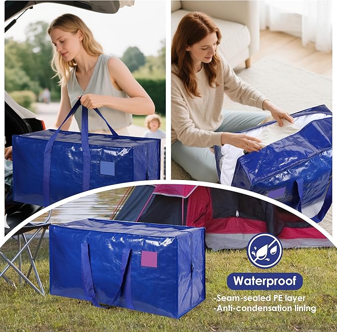 12 Pack Extra Large Heavy Duty Moving Bags with Reinforced Zipper & Wide Handles, Waterproof Storage Bins Packing Cubes for Clothes, College Dorm, Travel, and Home Organization, Blue