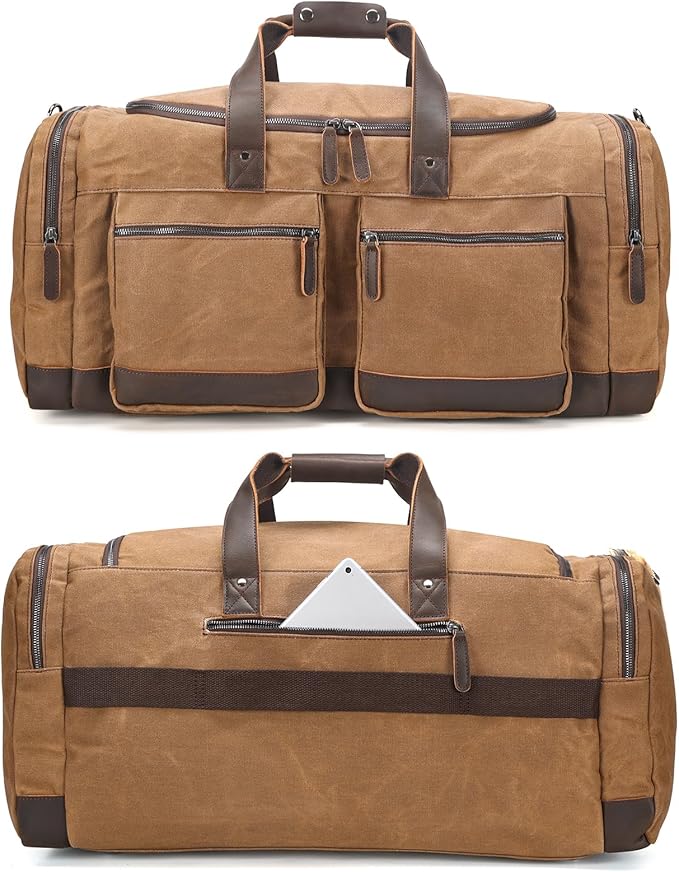 Polare 26” Waxed Canvas Cowhide Leather Waterproof Travel Duffel Bag Trim Luggage Weekender Overnight Carry on Hand Bag (Brown-26")