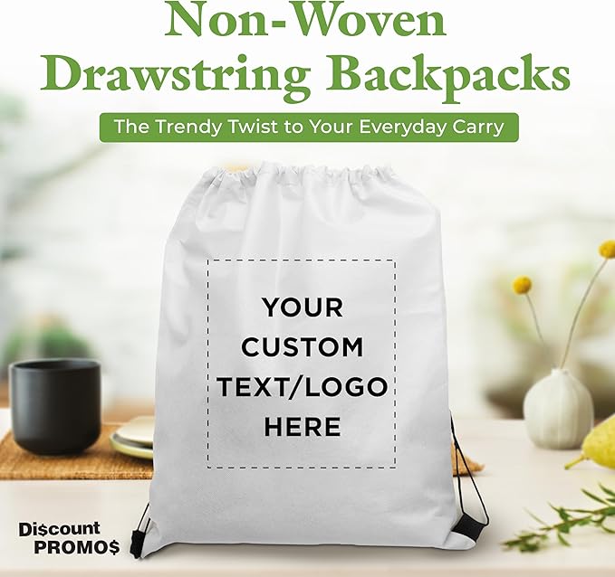 DISCOUNT PROMOS Custom Non-Woven Drawstring Backpacks Set of 10/50/100, Personalized Bulk Pack
