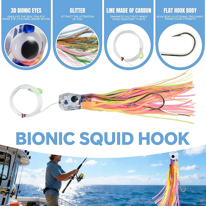 Set of 10 Pcs 9/8/6 Inch Trolling Lures - Marlin Tuna Mahi Wahoo Big Game Squid Skirted Deep Sea Offshore Fishing Lures Included Durable Hard Case