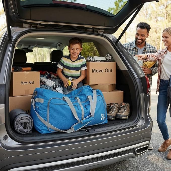 Bago Large Foldable Duffel Bags for Traveling Women & Men - 100L Packable Duffle Bag for Travel with Shoe Compartment - Water Repellant, Heavy Duty, Lightweight Folding & Collapsible (Blue)