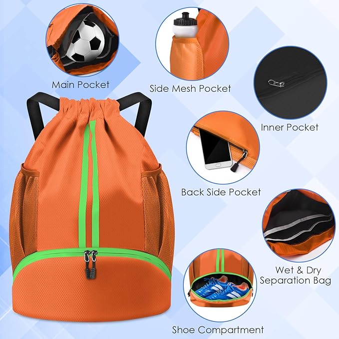 BROTOU Soccer Bags, Football Backpack, Volleyball Bag, Drawstring Backpack with Ball and Shoe Compartment, Football bags for Equipment Swim Gym Bag