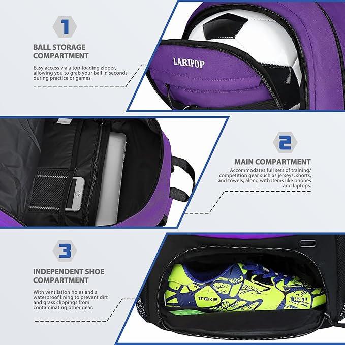 LARIPOP Soccer Backpack,Soccer Bag with Ball Holder and Shoe Compartment,Sports Equipment Training Bags Fits Basketball