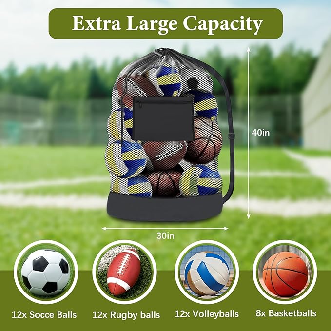HEIFAM 2 Pack Soccer Ball Bag 40"X 30", Drawstring Mesh Ball Bag for Coaches, Extra Large Sport Ball Sack for Basketballs Volleyballs Soccers, Sports Storage Organizer for Beach Gym, Swimming Gear