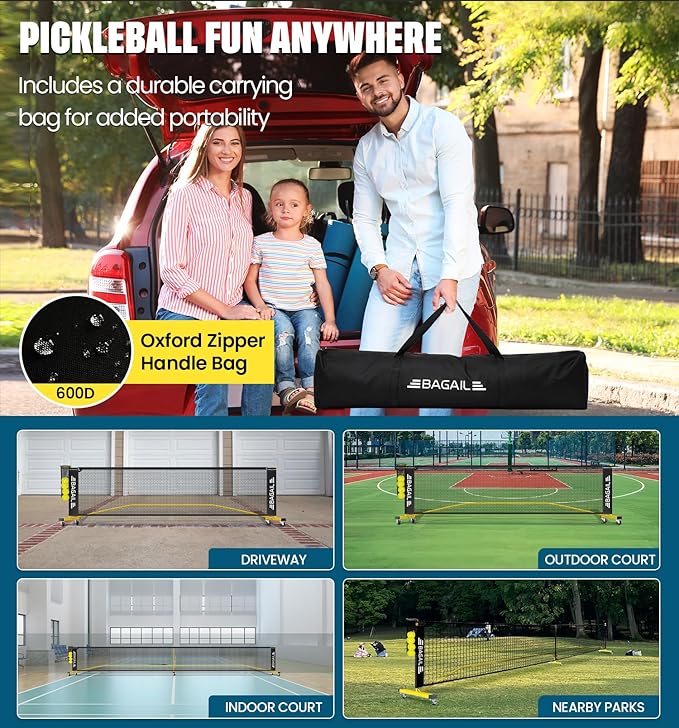 BAGAIL Portable Pickleball Net Set, 22 FT Regulation Size Pickle Ball Net with Ball Collector, 4 Balls and Carry Bag, Easy Setup for Outdoor Indoor Driveway