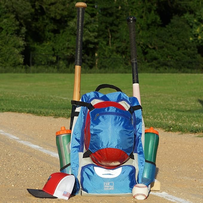 Baseball Backpack with Cleat/Shoe Pocket | Large Capacity | 19.5" T x 14" W x 7.5" D | Holds 4 Bats | External Helmet Storage | 3 Extra Zipper Pockets for Sunglasses, Seeds, Cell Phone (Blue/Gray)