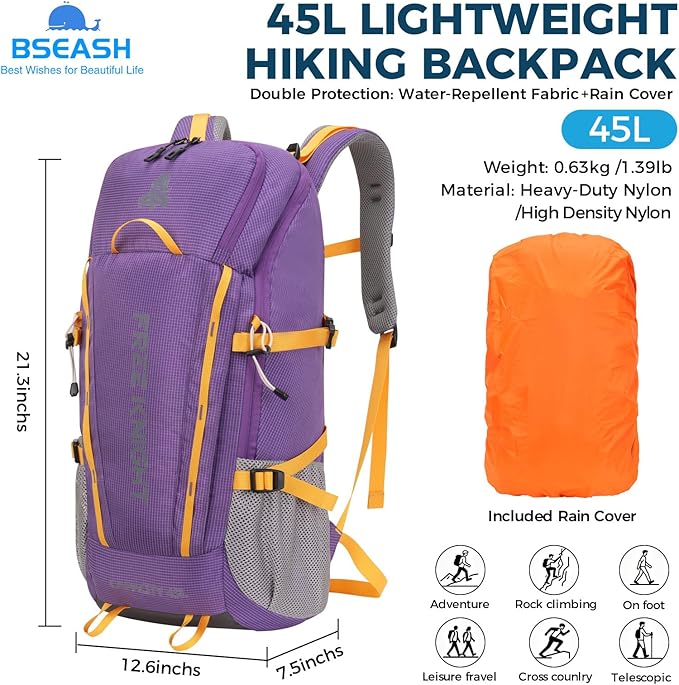 Bseash 45L Waterproof Hiking Camping Backpack with Rain Cover, Outdoor Sport Travel Bag Daypack for Climbing Skiing Cycling (Purple)