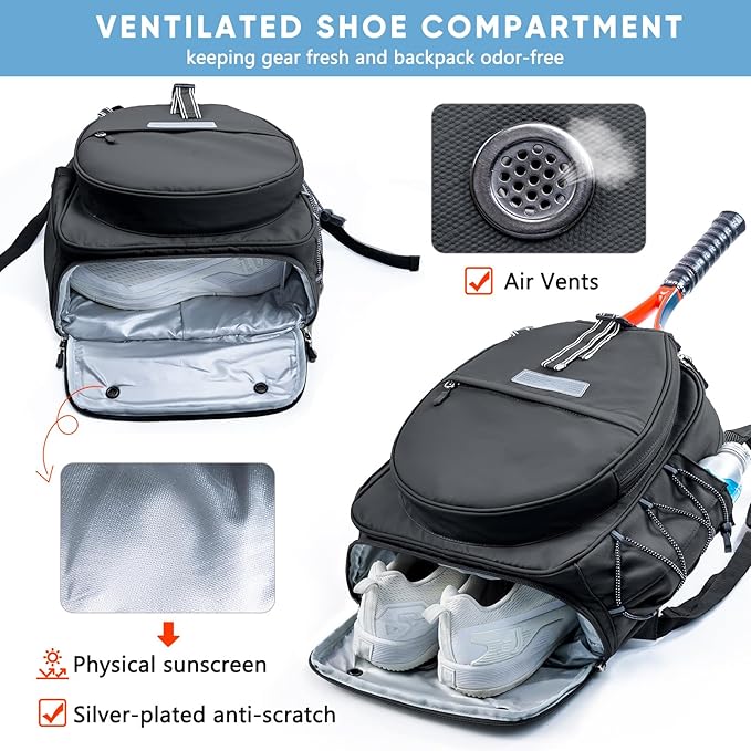 Tennis Backpack with 2 Rackets Holder, Water-Resistant PU Leather Tennis Racket Bag for Women & Men, Sling Crossbody Sports Backpack for Tennis, Pickleball & Badminton, Tennis Gifts