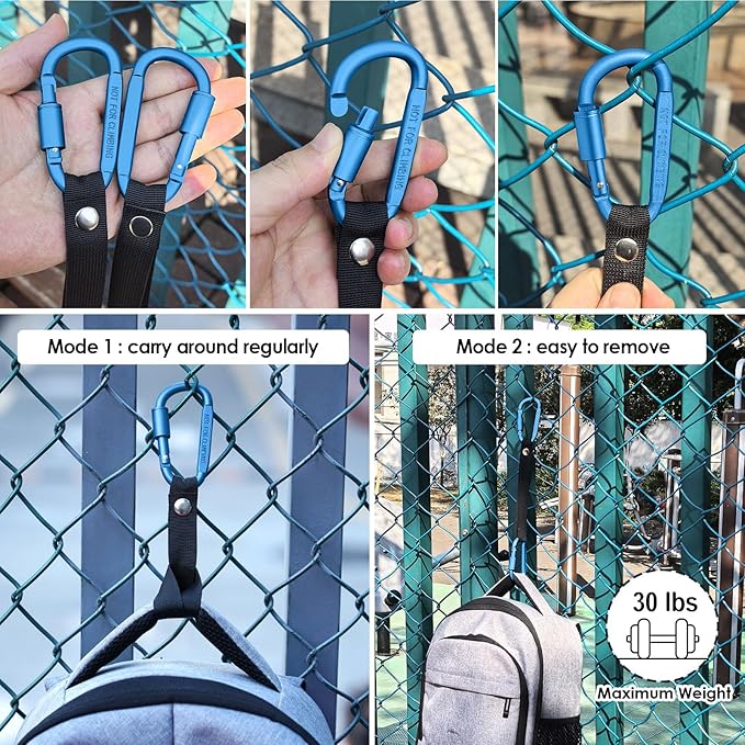 Bag Hook for Fence, Aluminum Alloy Carabiner Strap for Hanging Baseball Softball Pickleball Tennis Bags (Blue 2)