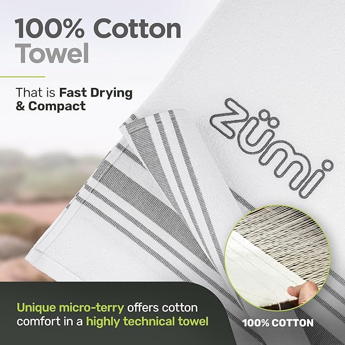 Zumi MINI 100% Cotton Camping Travel Towel - Small, Ultralight, Fast Drying, Highly Absorbent, Soft and Gentle on The Skin, Safe for The Planet (28" x 13" White)