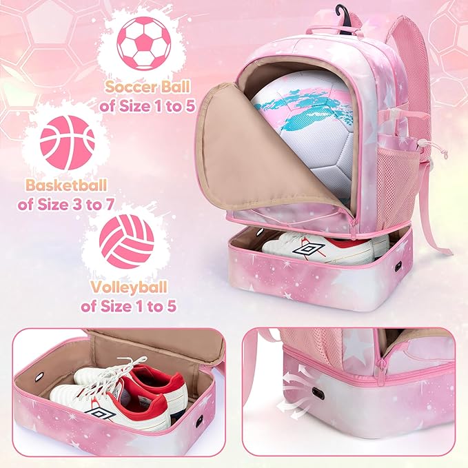 Soccer Bags for Girls with Separate Ball Pocket and Shoe Compartment, Sports Backpack for Soccer, Basketball, Volleyball