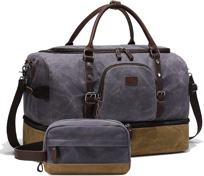 Nerlion Weekender Bag with Shoe Compartment Large Overnight Bag for Men Canvas Genuine Leather Carry on Luggage Bag Travel Duffel Bag(Gray)