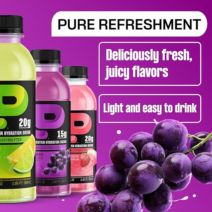 Protein2o Hydration Drink - 2-in-1 Liquid Clear Whey Protein Isolate and Electrolyte Drink - 15g Protein, Vitamins B5, B6 - Post-Workout Recovery - 16.9 Fl Oz - Grape, (Pack of 24)