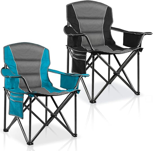 2 Pack Padded Oversized Camping Chairs for Adults,Heavy Duty Support 400 Lbs,Folding Portable Lawn Chair w/Cup Holder,Cooler Bag,Side Pocket,Perfect for Outdoor Picnic,Hiking(Blue&Black)