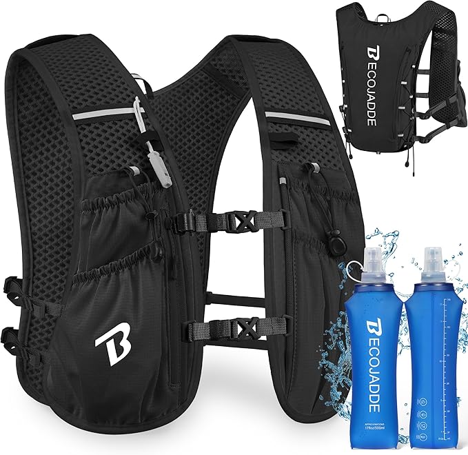 BECOJADDE Running Vest Hydration Backpack for Men Women, 5L Lightweight Running Backpack Hydration Pack for Marathon, Trail, Cycling, Hiking, Jogging
