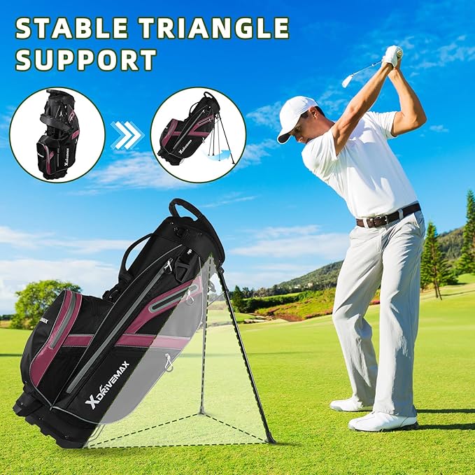 XDriveMax Golf Stand Bag, Lightweight 8-Way Top Dividers Golf Bag with Insulated Cooler Pocket, Dual Strap System & Rain Cover, Includes Golf Accessory Kit