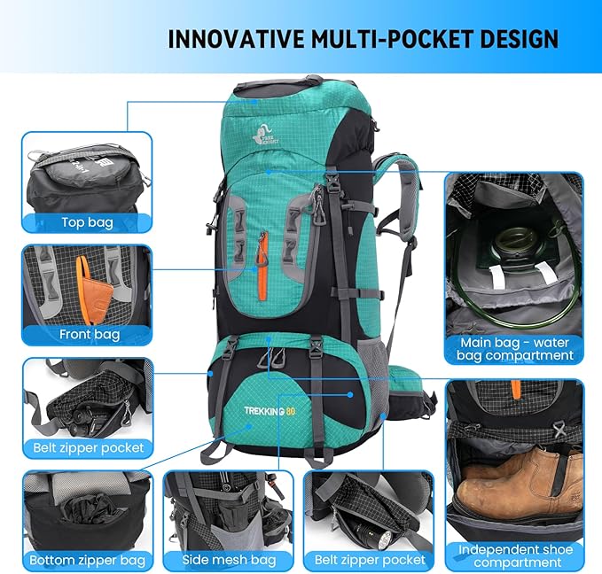 Bseash 80L Waterproof Hiking Camping Backpack with Rain Cover, Lightweight Outdoor Sport Travel Daypack for Climbing Touring (Lake Green)