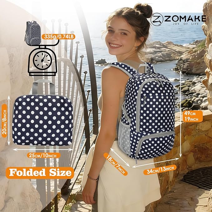 ZOMAKE Lightweight Packable Backpack 30L, Foldable Hiking Backpacks Water Resistant Compact Folding Daypack for Travel(Navy Blue,White polka dots)